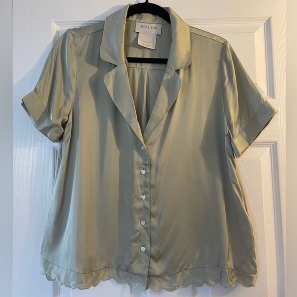 BHLDN Juniper Pajama Top in Green with Hearts Buttons! - Picture 4 of 4
